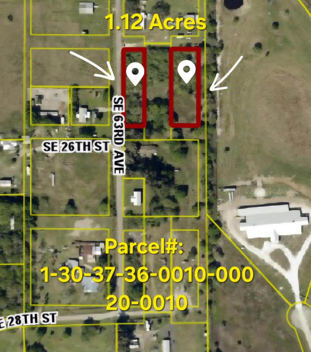 This is a map showing two highlighted rectangular land parcels located along a road — 2630 SE 63rd Avenue, Okeechobee FL 34974, OKEECHOBEE, FL