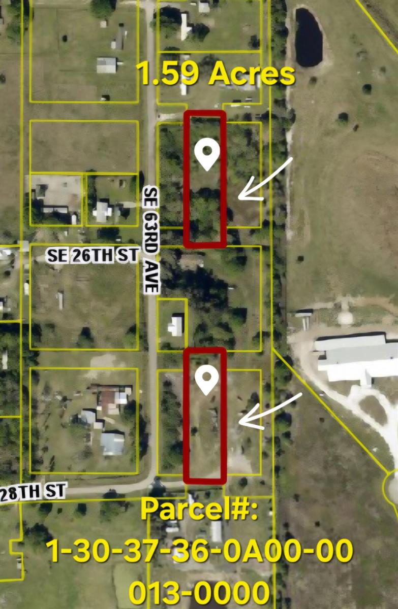 This is an aerial map showing two highlighted rectangular land parcels along a road — 2630 SE 63rd Avenue, Okeechobee FL 34974, OKEECHOBEE, FL