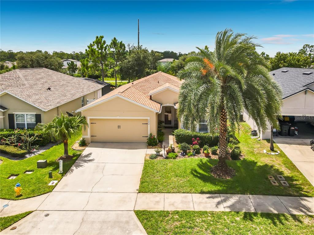 A single-story house with a tan stucco exterior, a two-car garage, and a large palm tree — 2672 STAR CORAL LANE, NEW SMYRNA BEACH, FL