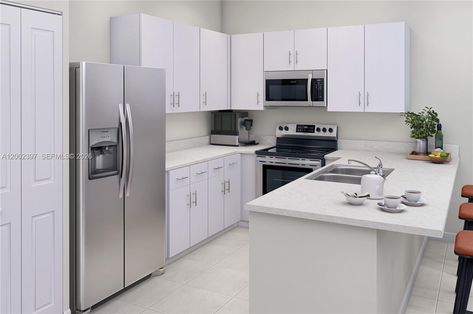 This is a digital rendering of a kitchen featuring white cabinets and stainless steel appliances — HOMESTEAD, FL