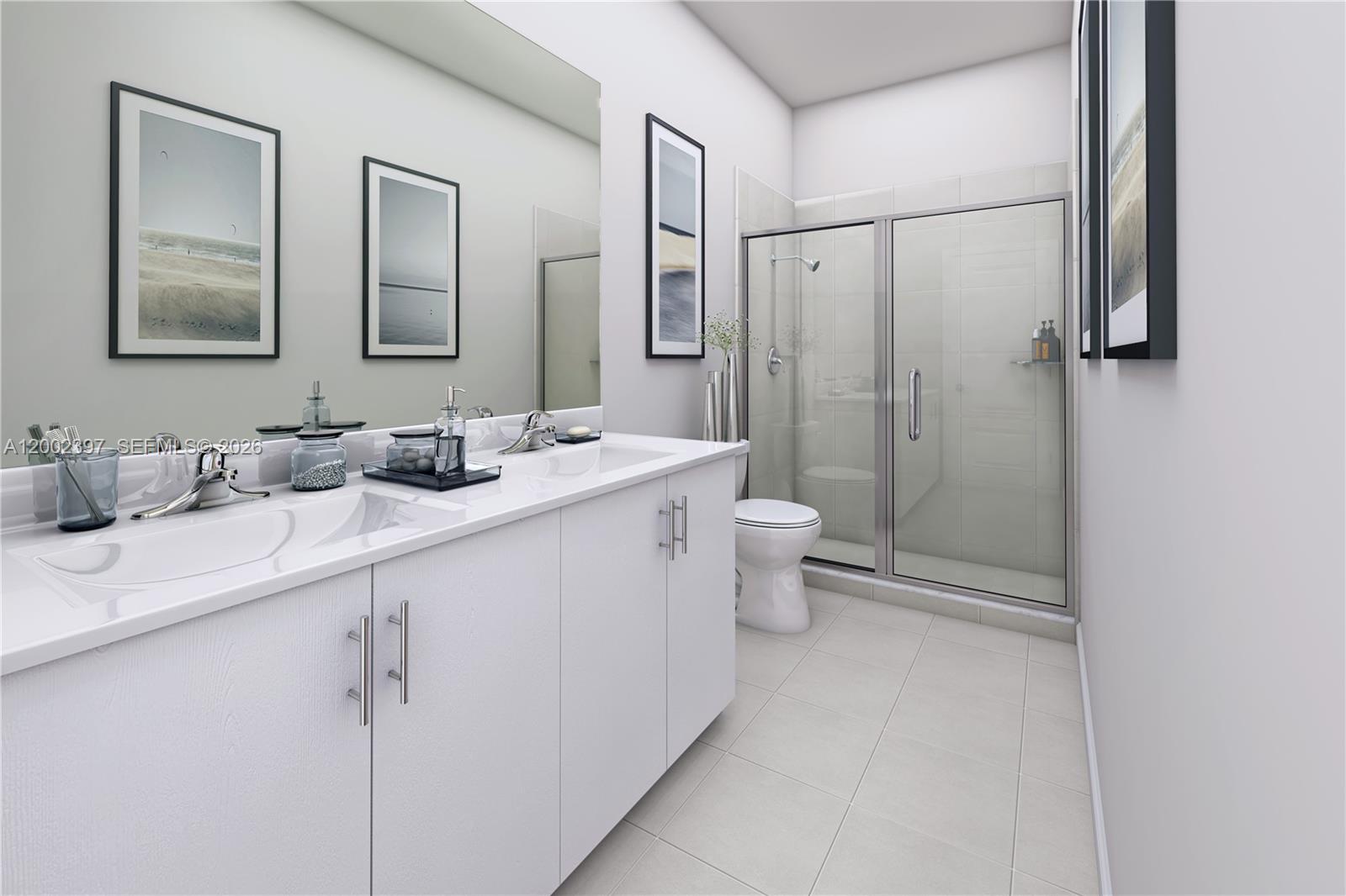 This rendering shows a modern bathroom with a white double vanity, glass shower, and tile — HOMESTEAD, FL