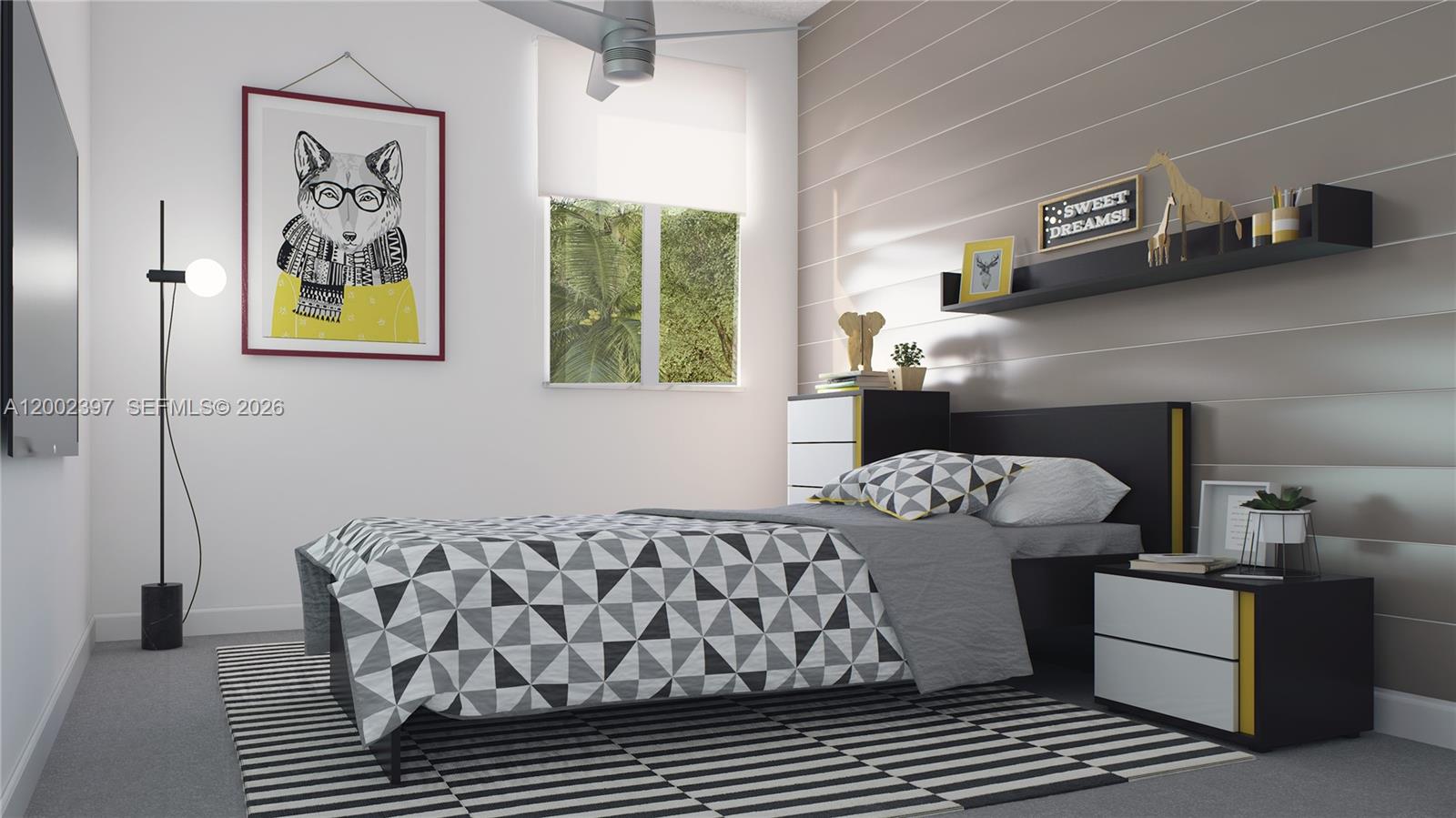 This is a rendering of a modern bedroom featuring a patterned bed and striped rug — HOMESTEAD, FL