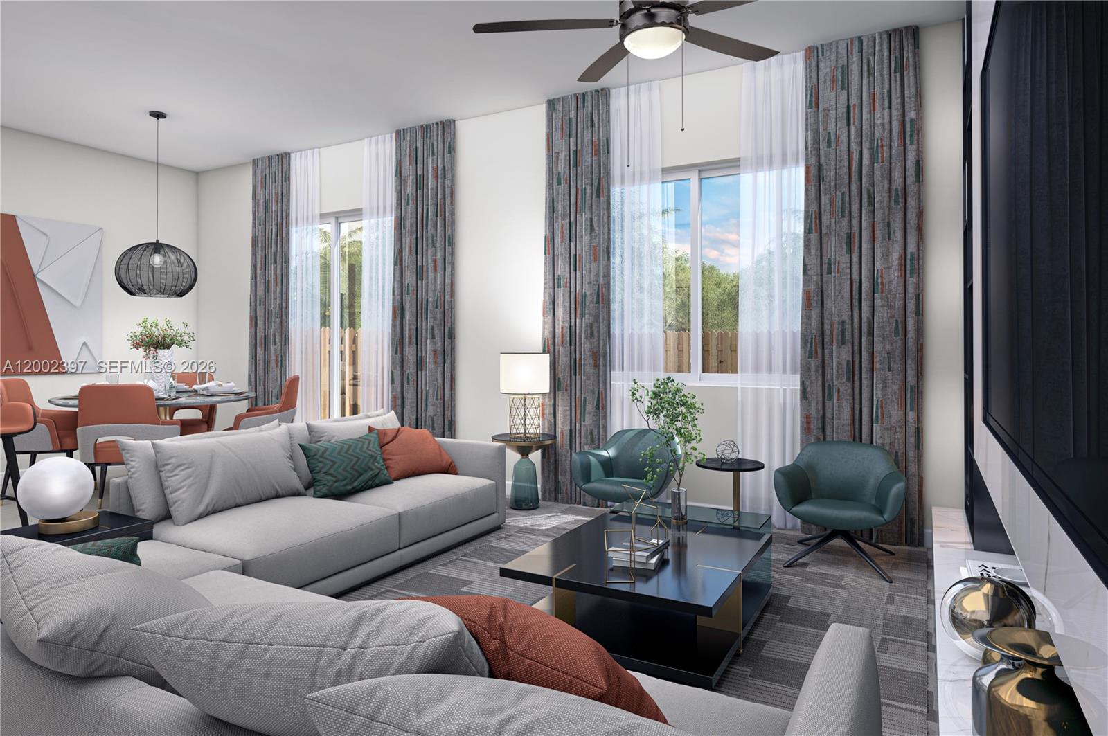 This is a rendering of a modern living room featuring a gray sectional and dining area — HOMESTEAD, FL