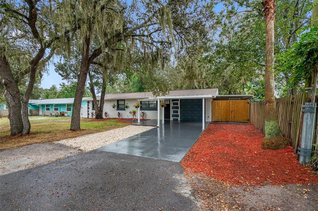 A single-story house with a gray painted driveway, a carport, and a wooden privacy fence — 11115 STAFFORD LANE, RIVERVIEW, FL