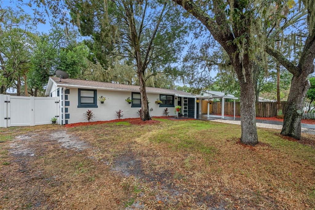 A single-story house with a white exterior, dark window trim, and a large front yard — 11115 STAFFORD LANE, RIVERVIEW, FL