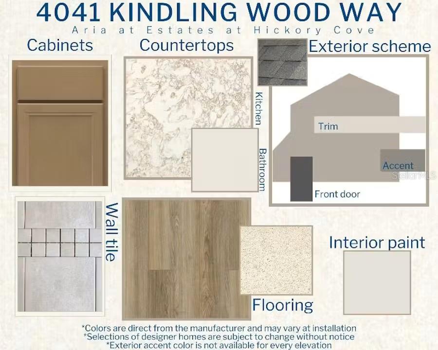 This design board displays material samples for cabinets, countertops, flooring, wall tile, and exterior finishes — 4041 KINDLING WOOD WAY, ST CLOUD, FL