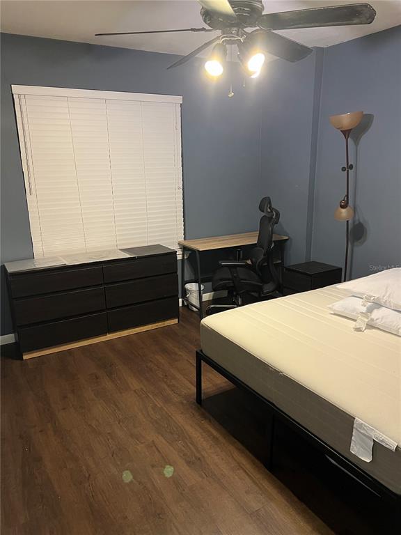 A bedroom features dark blue walls, wood-look flooring, a dresser, a desk, and a bed — 3800 SW 20TH AVENUE UNIT 204-Rm 4, GAINESVILLE, FL