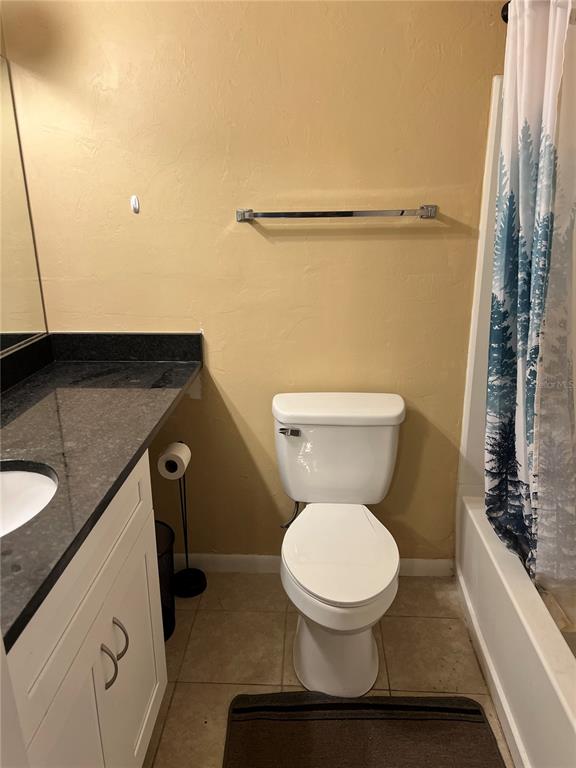A bathroom features a white toilet, a dark countertop vanity, and a shower with a curtain — 3800 SW 20TH AVENUE UNIT 204-Rm 4, GAINESVILLE, FL