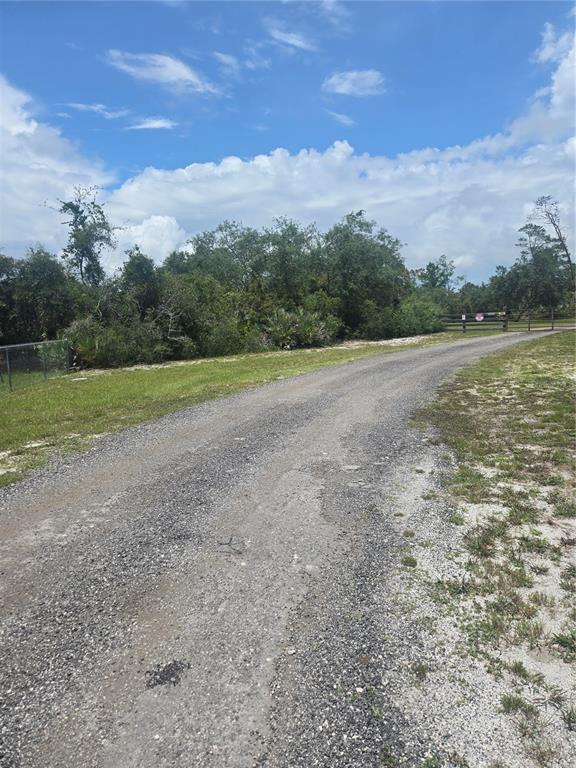 A gravel driveway leads toward a fenced area surrounded by trees under a cloudy sky — 3120 LORI COURT, DELTONA, FL