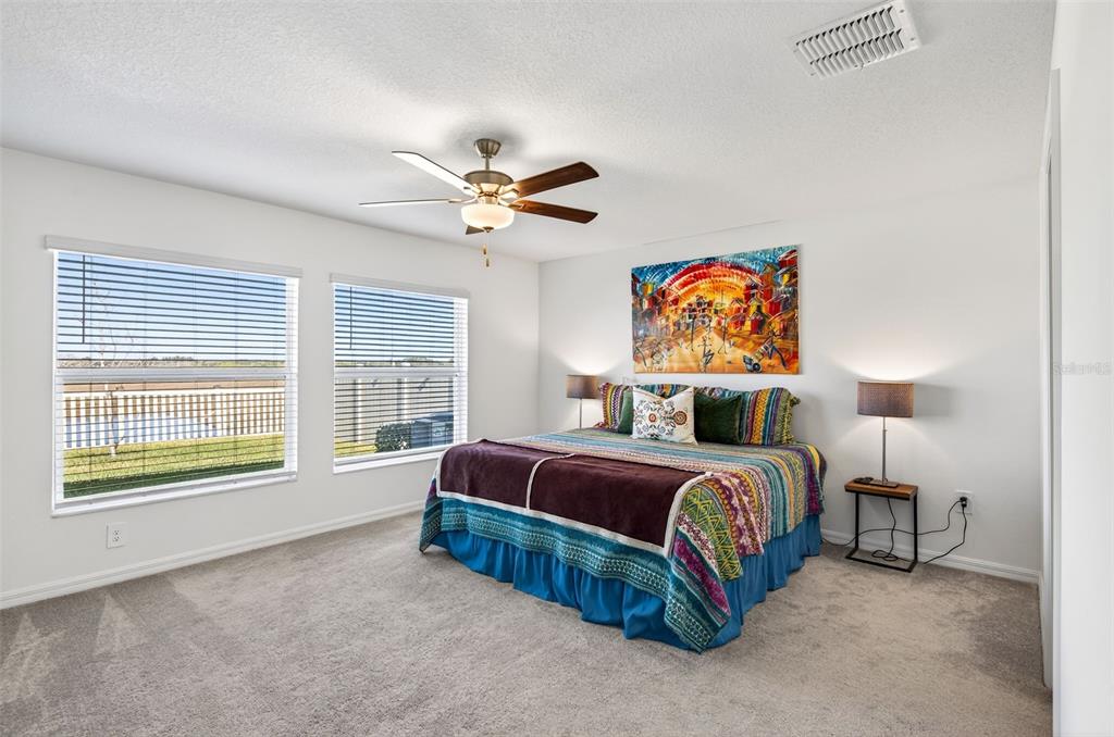 A bedroom features a bed with colorful bedding, two windows, and a ceiling fan — 15217 ZIRCON RED DRIVE, WIMAUMA, FL