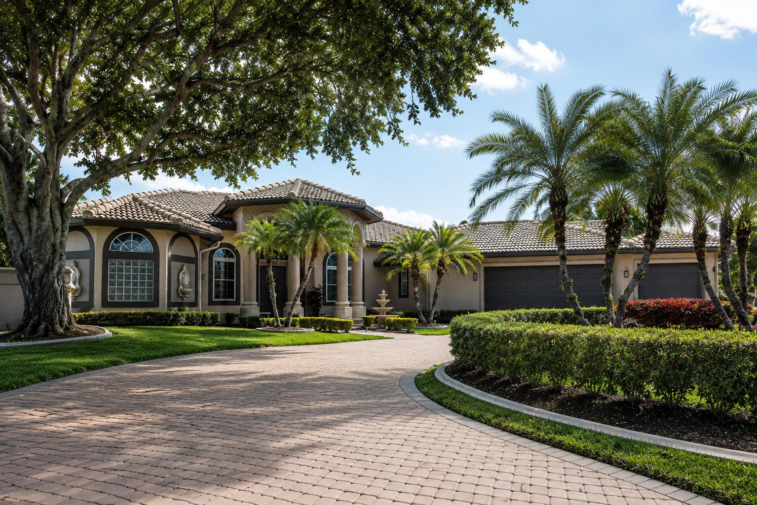 A single-story house with a paved circular driveway, palm trees, and a large oak tree — 5884 NW 79th Way, Parkland FL 33067, PARKLAND, FL