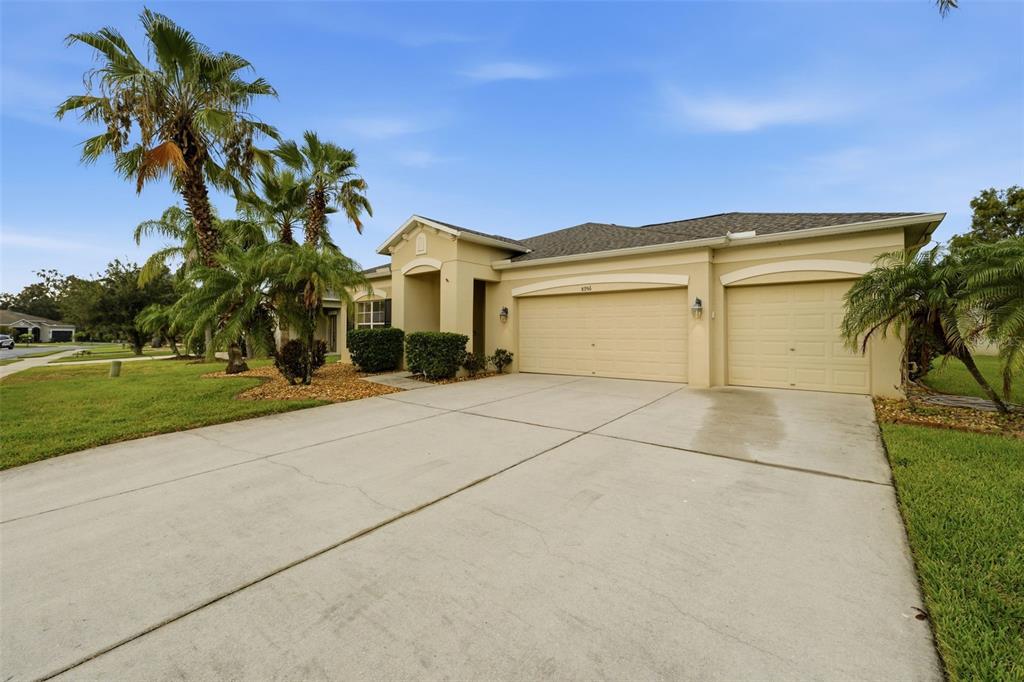 A tan single-story house with a palm tree-lined front yard and a concrete driveway — 8956 39TH STREET CIRCLE E, PARRISH, FL