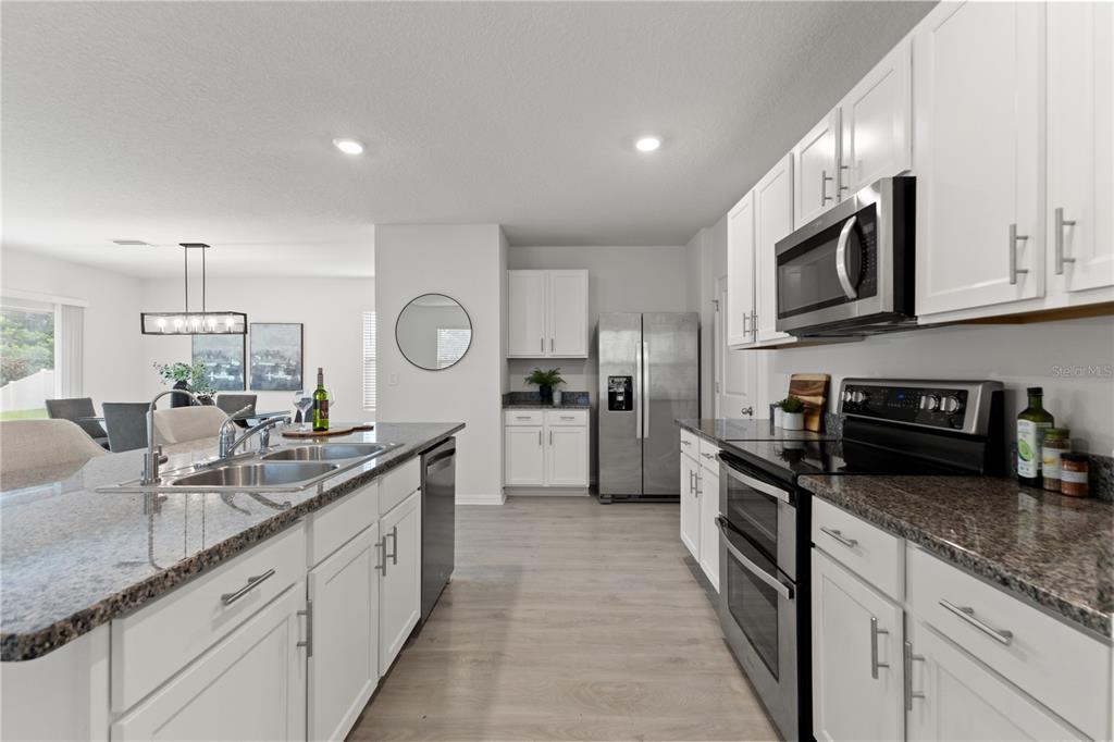 A kitchen features white cabinets, granite countertops, stainless steel appliances, and light wood-look flooring — 10823 TRAILING VINE DRIVE, TAMPA, FL