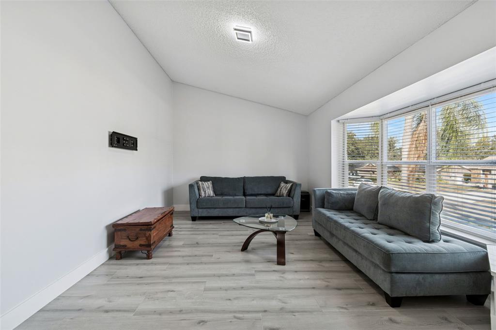 A living room features gray sofas, a glass coffee table, and wood-look flooring — 3309 BRIARWOOD LANE, SAFETY HARBOR, FL