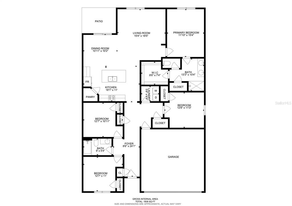 This is a floor plan for a single-story house with three bedrooms and a garage — 7804 DAVIE RAY DRIVE, ZEPHYRHILLS, FL