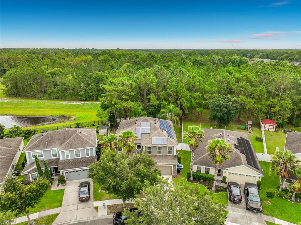 An aerial view shows three suburban houses with solar panels, green lawns, and surrounding trees — 10672 CABBAGE TREE LOOP, ORLANDO, FL