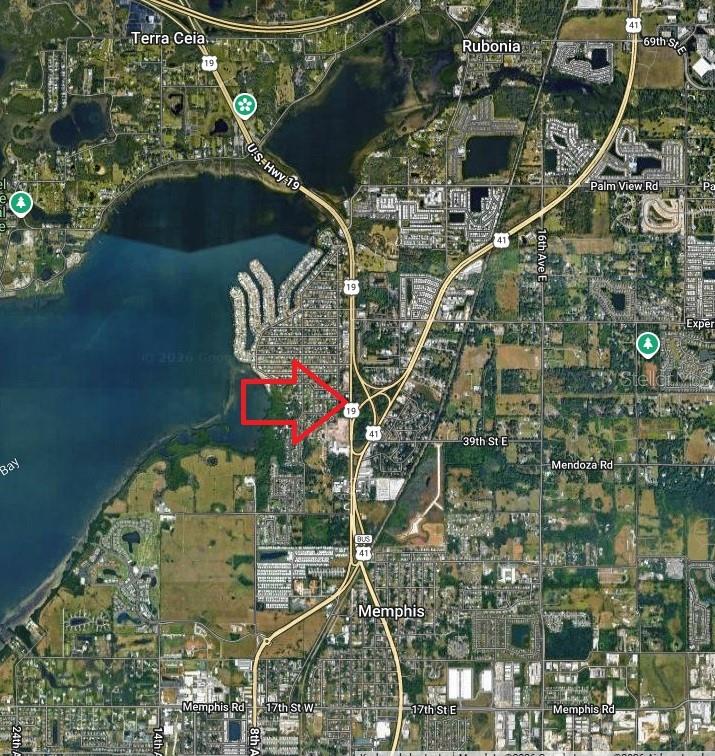 This is an aerial map showing the location of a property near U.S. Highway 19 — 4223 US HIGHWAY 19, PALMETTO, FL