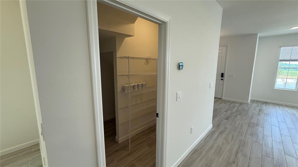 A pantry with wire shelving is visible through an open doorway next to a hallway — 17125 BEACHGRASS ALLEY, WINTER GARDEN, FL