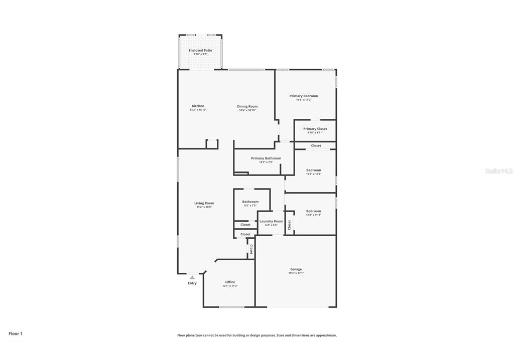 This is a floor plan showing a single-story house with a garage and enclosed patio — 3005 PARK RIDGE AVENUE, MULBERRY, FL