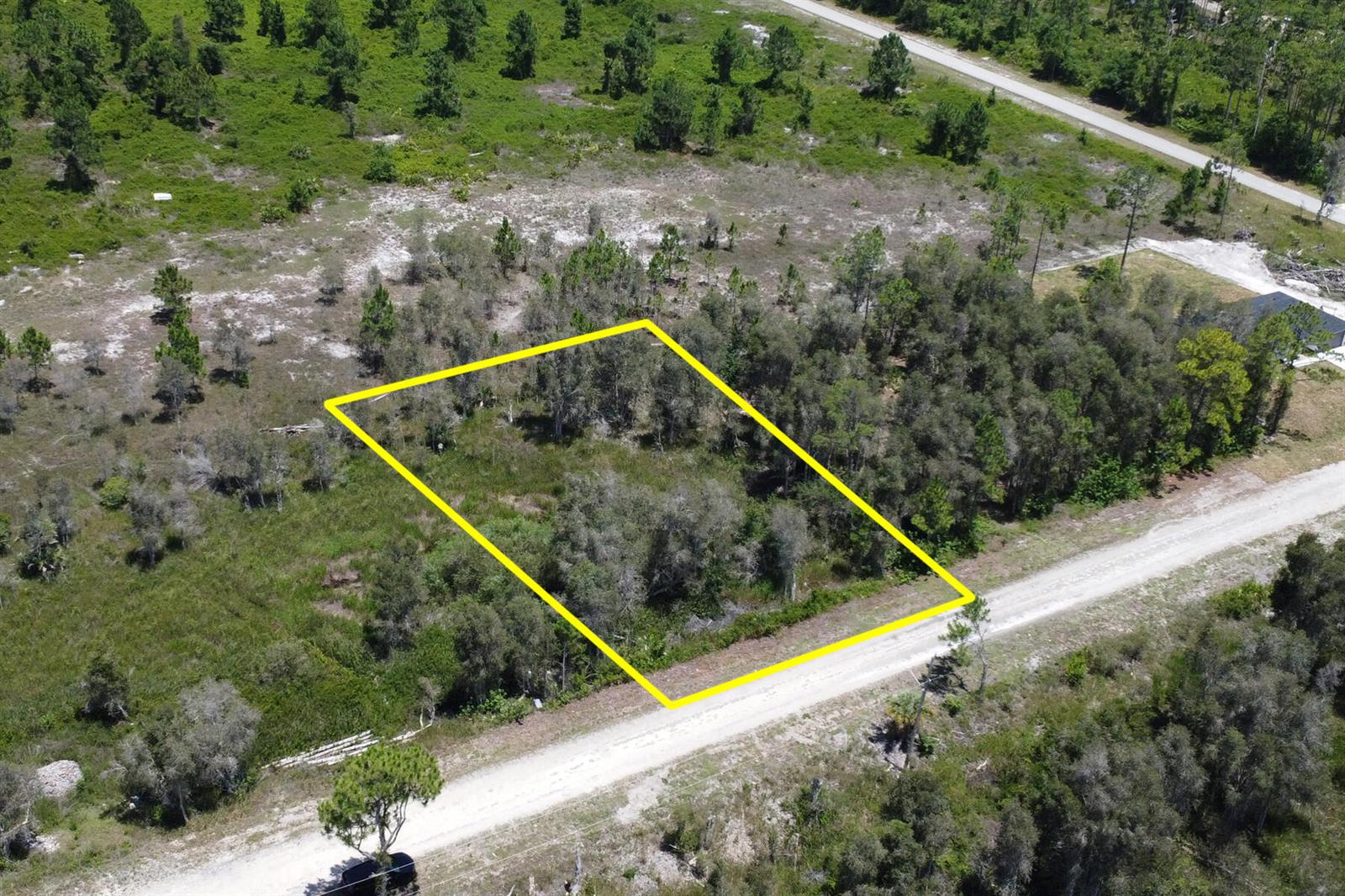 An aerial view shows a rectangular, wooded vacant lot outlined in yellow along a road — 859 Burrows Avenue, Lehigh Acres FL 33974, LEHIGH ACRES, FL