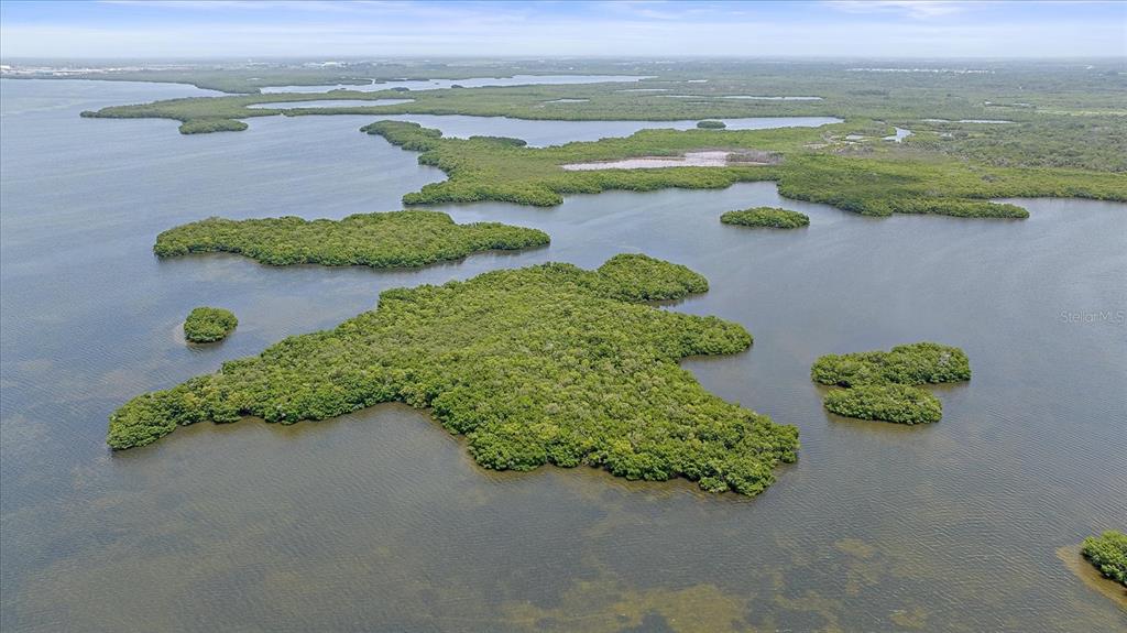 An aerial view shows several mangrove islands surrounded by shallow coastal water — STOTZ ROAD, PALMETTO, FL
