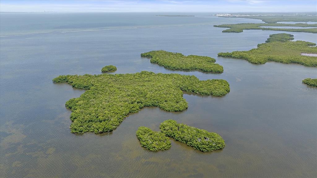 An aerial view shows several mangrove islands surrounded by open water under a cloudy sky — STOTZ ROAD, PALMETTO, FL