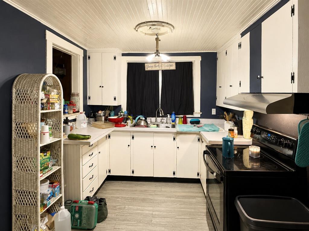 A kitchen features white cabinets, dark blue walls, a black stove, and a wicker shelf — 129 S MILLS AVENUE, ARCADIA, FL