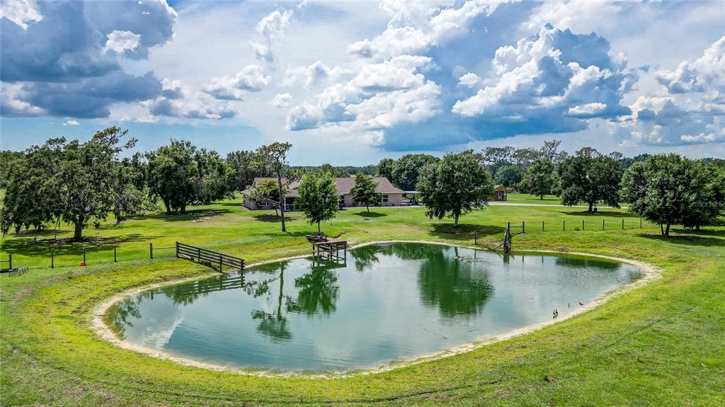 An aerial view shows a pond with a small dock in a grassy, tree-lined yard — 560 OAKFORD ROAD, SARASOTA, FL