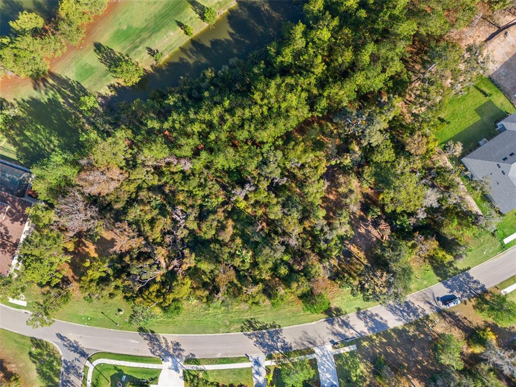 An aerial view shows a wooded residential lot situated along a curved street — 6633 SUMMIT VIEW DRIVE, BROOKSVILLE, FL