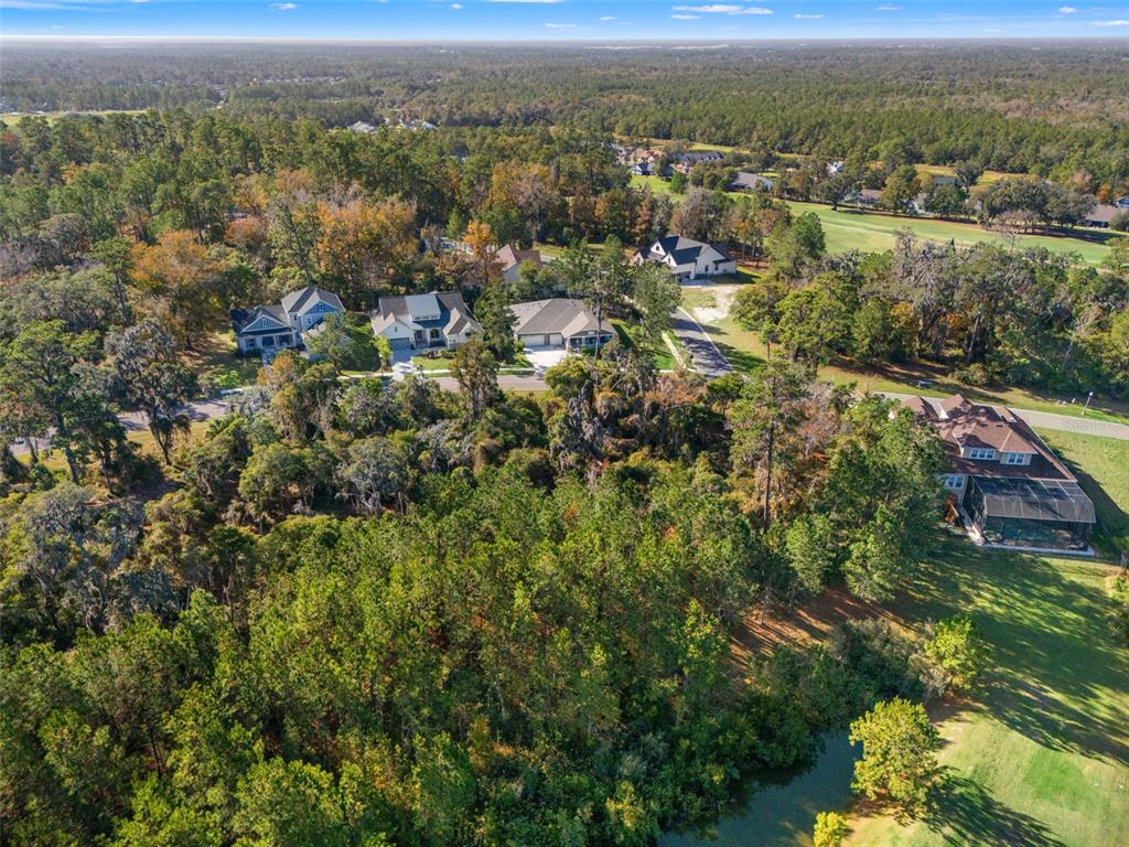An aerial view shows several houses nestled among dense trees near a small pond — 6633 SUMMIT VIEW DRIVE, BROOKSVILLE, FL
