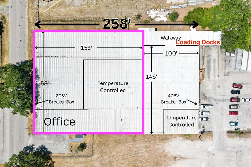 This is an aerial site plan showing a warehouse building with dimensions and labeled areas — 1103 THOMAS AVENUE, LEESBURG, FL