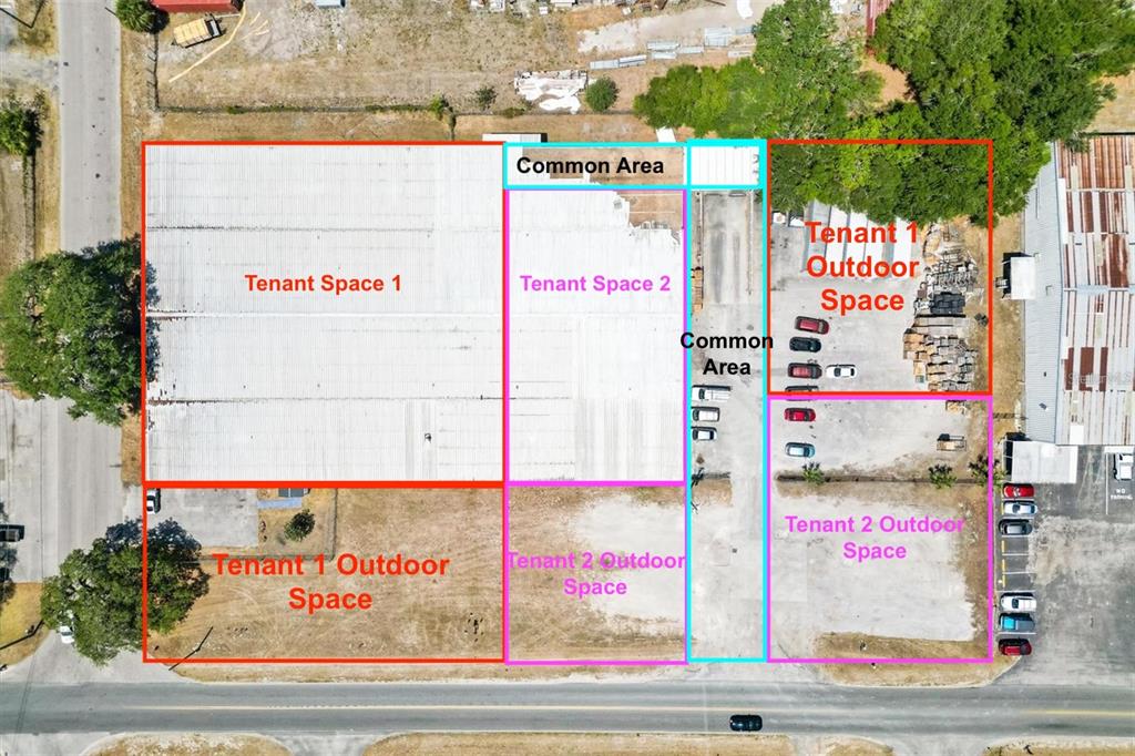 An aerial view of a commercial property site plan with color-coded tenant and common areas — 1103 THOMAS AVENUE, LEESBURG, FL