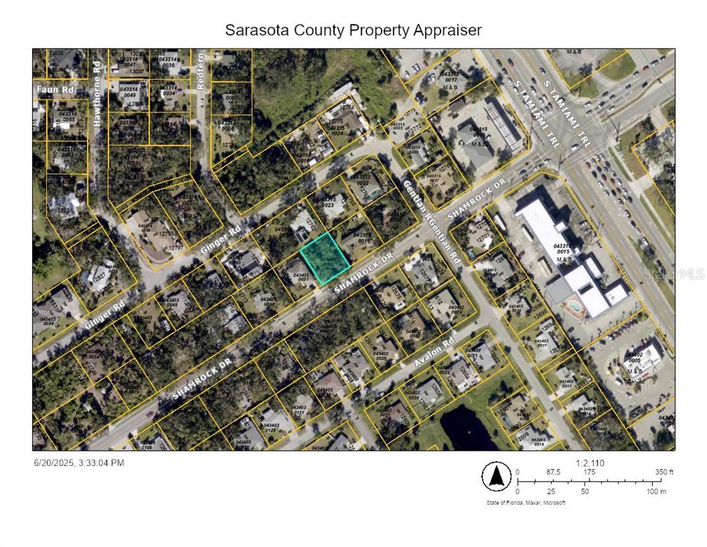 This is a property appraiser map showing a highlighted parcel near Shamrock Drive — SHAMROCK DRIVE, VENICE, FL