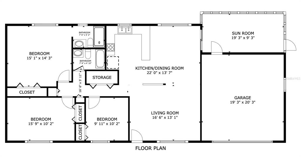 This is a floor plan showing a three-bedroom house with a garage and sun room — 1111 HICKORY ROAD, OCALA, FL