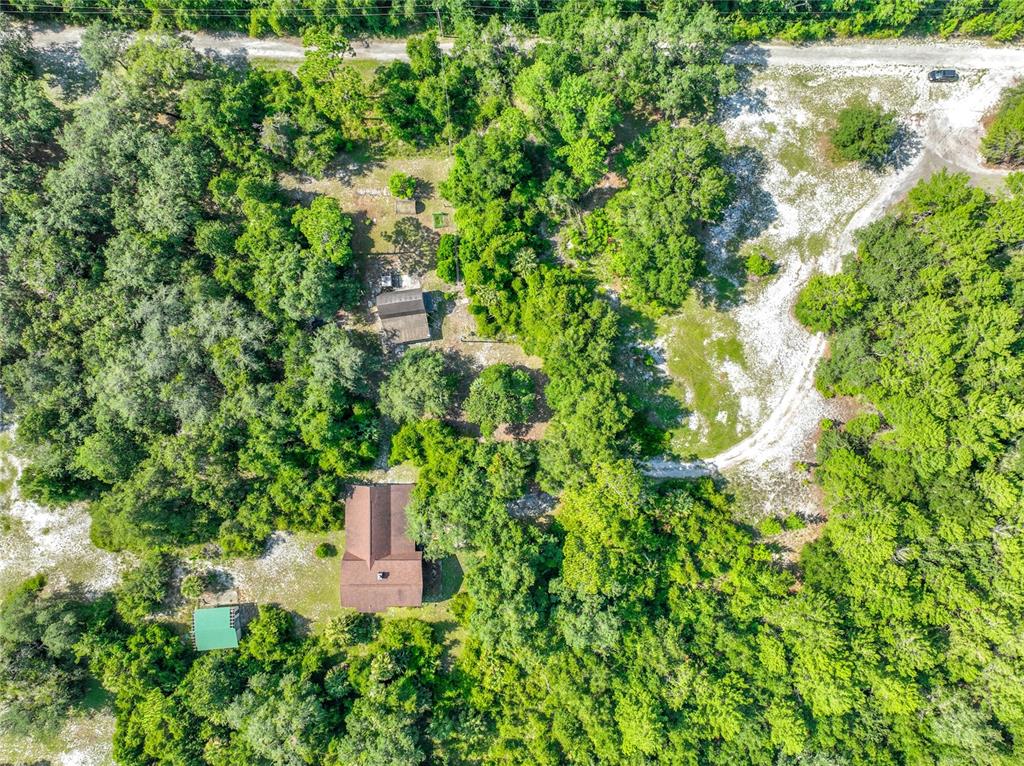 An aerial view shows a house, a detached garage, and a shed on a wooded lot — 125 SNOW HILL ROAD, GENEVA, FL