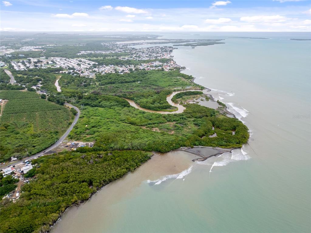 An aerial view shows a winding river meeting the ocean along a lush, green coastline — PR-1 PUEBLO WARD, SALINAS, PR