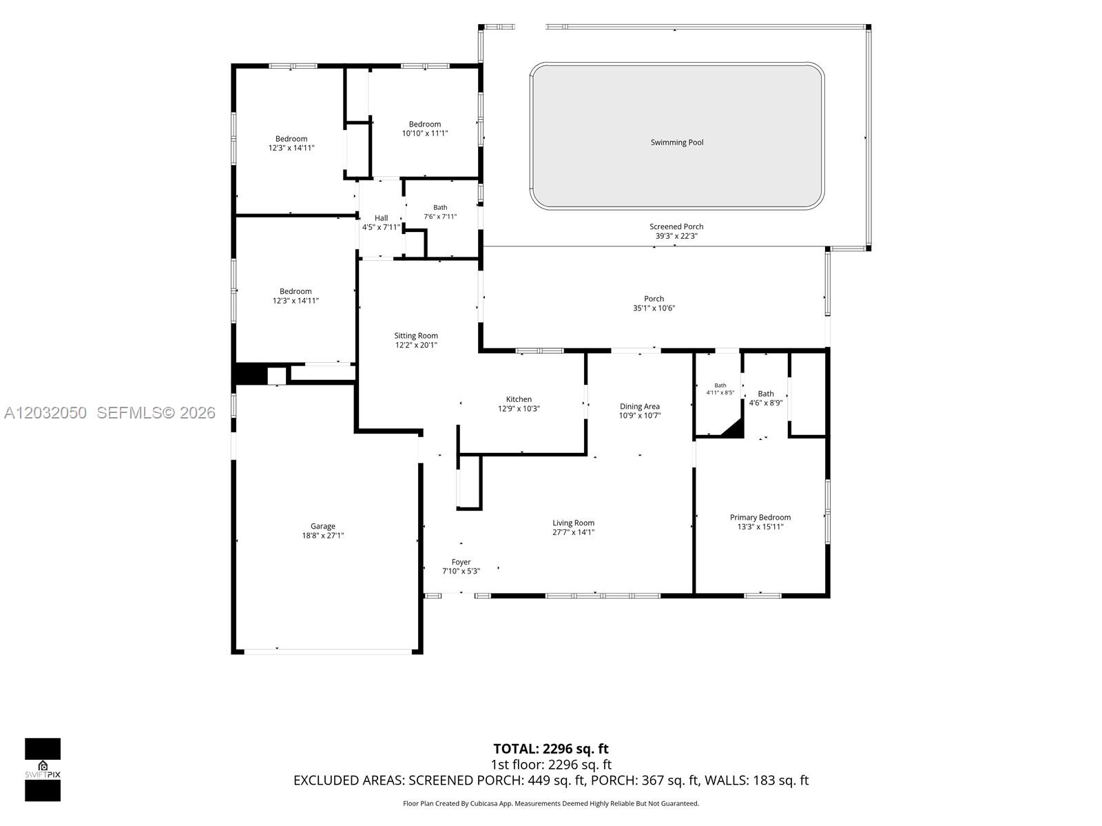 This is a floor plan of a single-story house featuring a pool and screened porch — 7421 NW 8th Ct, Plantation FL 33317, PLANTATION, FL