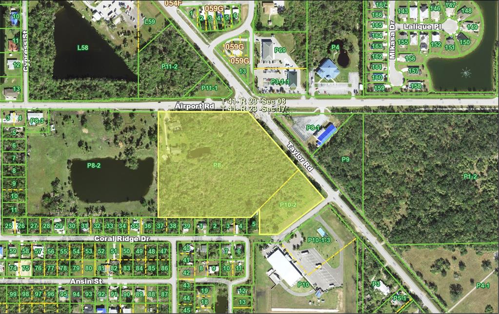 This is an aerial map showing a large, highlighted parcel of land near several roads — 25155 AIRPORT ROAD UNIT A-1, PUNTA GORDA, FL
