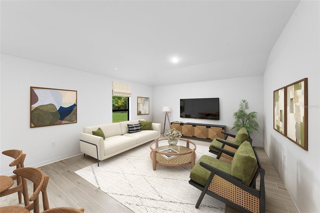 This is a digital rendering of a modern living room with a sofa and armchairs — 23356 ROUNTREE AVENUE, PORT CHARLOTTE, FL
