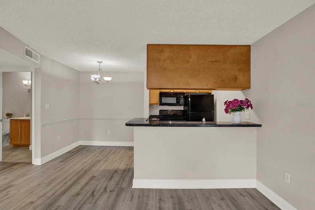 A kitchen with dark countertops and wood cabinets overlooks a dining area with wood flooring — 308 LAKE PARSONS GREEN UNIT 203, BRANDON, FL