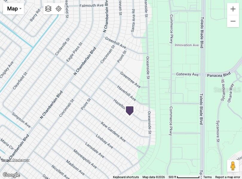 This is a map showing residential streets and a location marker in a neighborhood — HAZELTON AVENUE, NORTH PORT, FL
