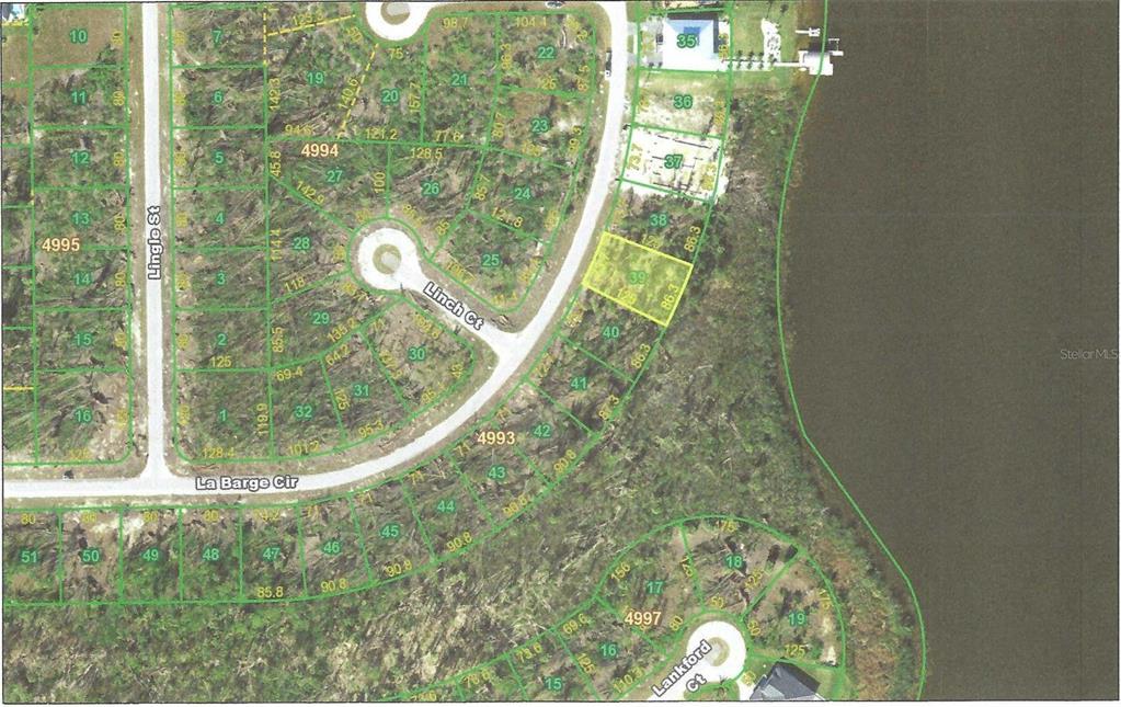 This is a plat map showing a highlighted residential lot within a suburban neighborhood — 16208 LA BARGE CIRCLE, PORT CHARLOTTE, FL