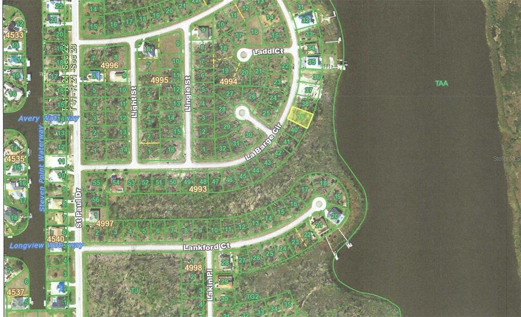This is a satellite map showing residential lots, streets, and a waterfront area — 16208 LA BARGE CIRCLE, PORT CHARLOTTE, FL