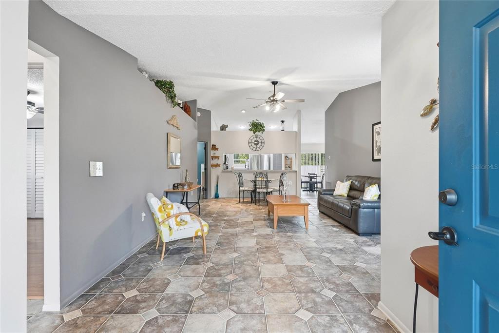 A single-story house with a gray exterior, a two-car garage, and a blue front door — 11026 STREAMSIDE DRIVE, TAMPA, FL