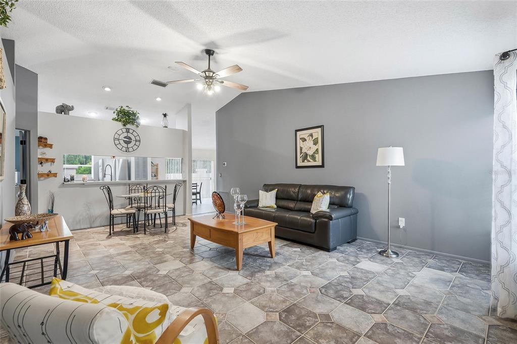 A living room with gray walls, tiled floors, and a view into the dining area — 11026 STREAMSIDE DRIVE, TAMPA, FL