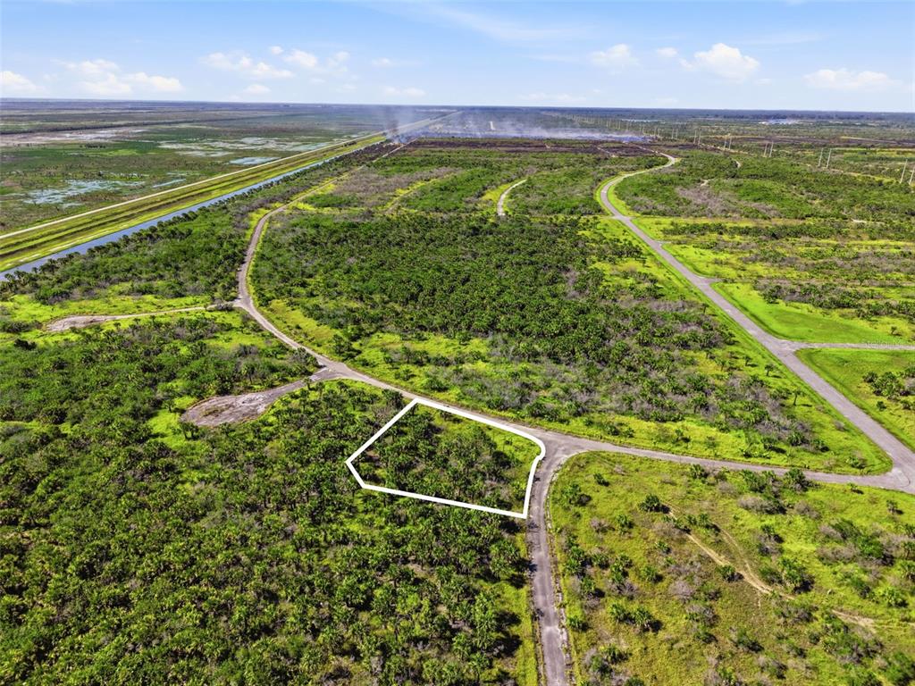 An aerial view shows a vacant, wooded lot outlined in white along a paved road — NO ADDRESS, PALM BAY, FL