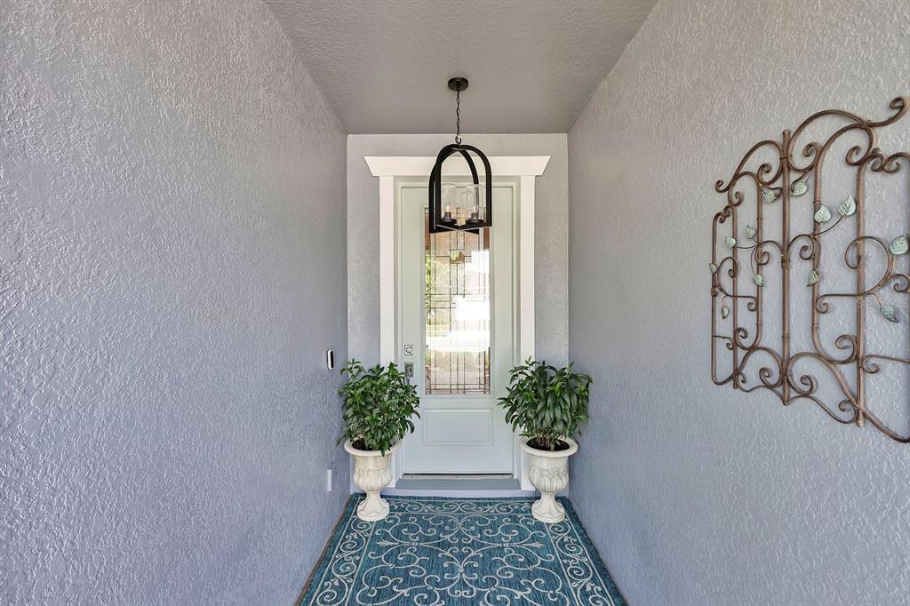 A covered entryway features a light blue door, a hanging lantern, and two potted plants — 13917 DESTIN BEACH LANE, ORLANDO, FL