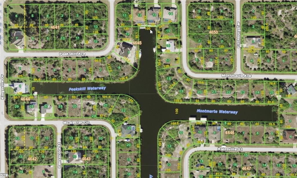 This is an aerial map showing residential lots and waterways in a suburban neighborhood — 14275 MONTMARTE AVENUE, PORT CHARLOTTE, FL