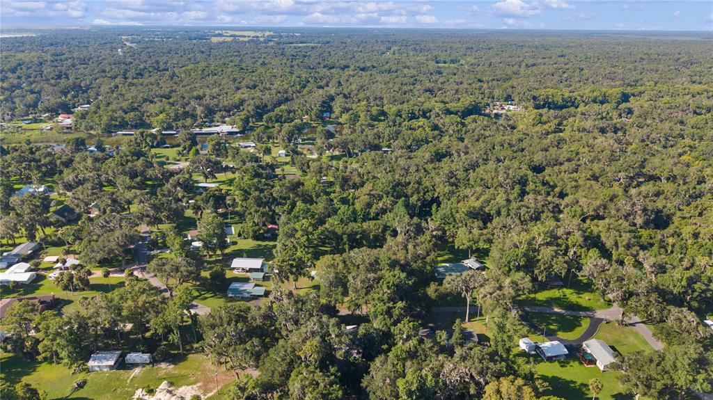 An aerial view shows a residential area with scattered houses nestled among dense green trees — 1975 E CR412 ROAD, LAKE PANASOFFKEE, FL