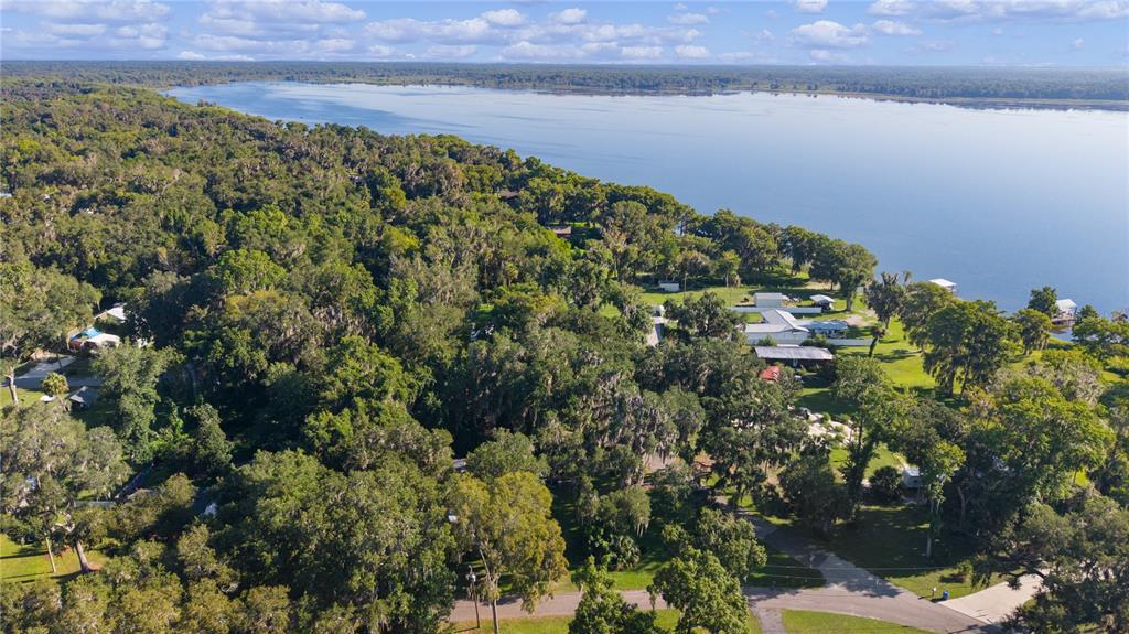 An aerial view shows a wooded residential area situated along the shore of a lake — 1975 E CR412 ROAD, LAKE PANASOFFKEE, FL
